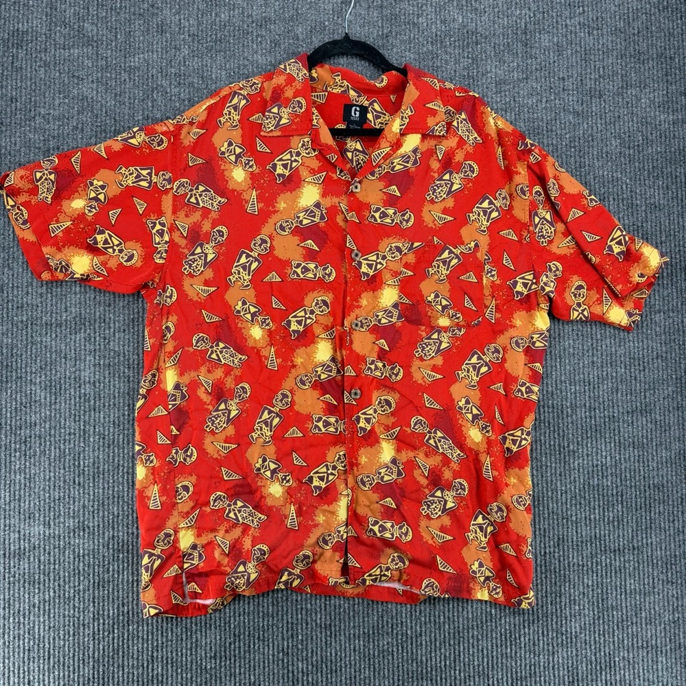 GUESS Vintage Rayon Hawaiian Shirt Mens Large L Tiki Red Button‎ Down